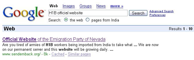 Google search for H1B official website
